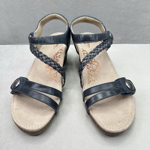 Aetrex Naya Womens Size 9-9.5 Sandals Navy Braided Leather Quarter Strap Wedge - Picture 2 of 8